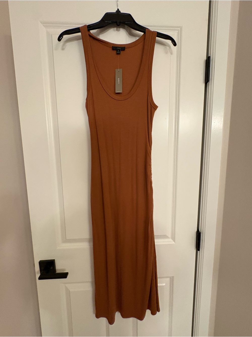 NWT J. Crew Sleeveless Ruched, ribbed midi Dress in Rust Brown